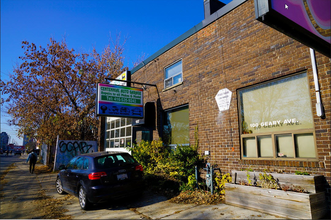 The Centennial Auto Garage storefront on Geary Avenue, Toronto